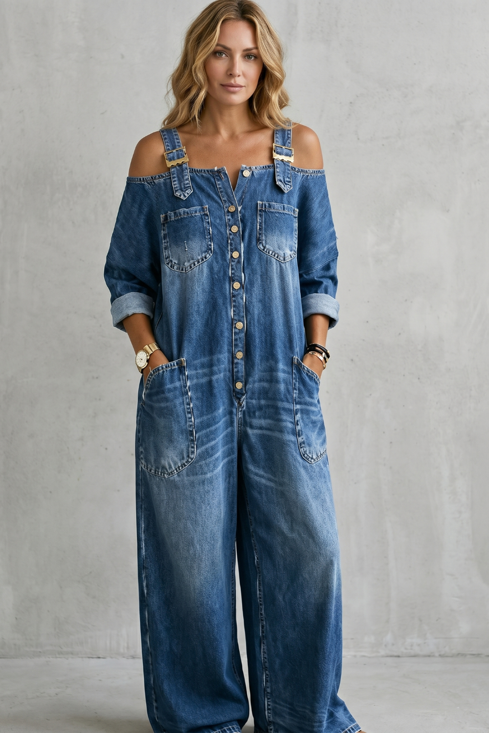 Denimora | Off-Shoulder Wide-Leg Overalls