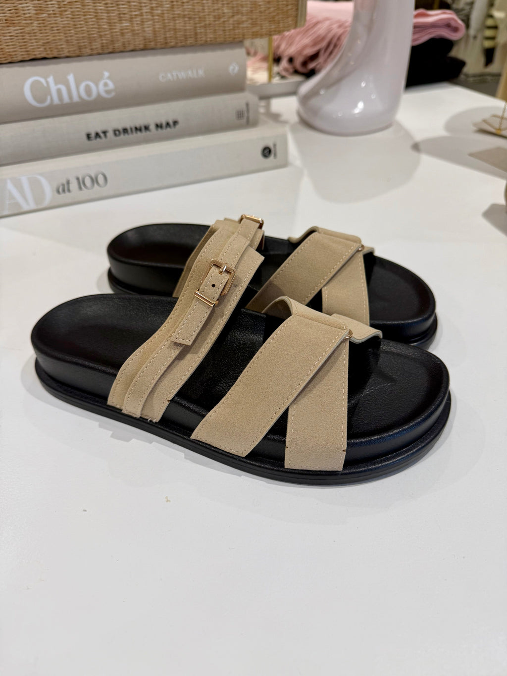 Faux Suede Gold Buckle Cross Over Sandal