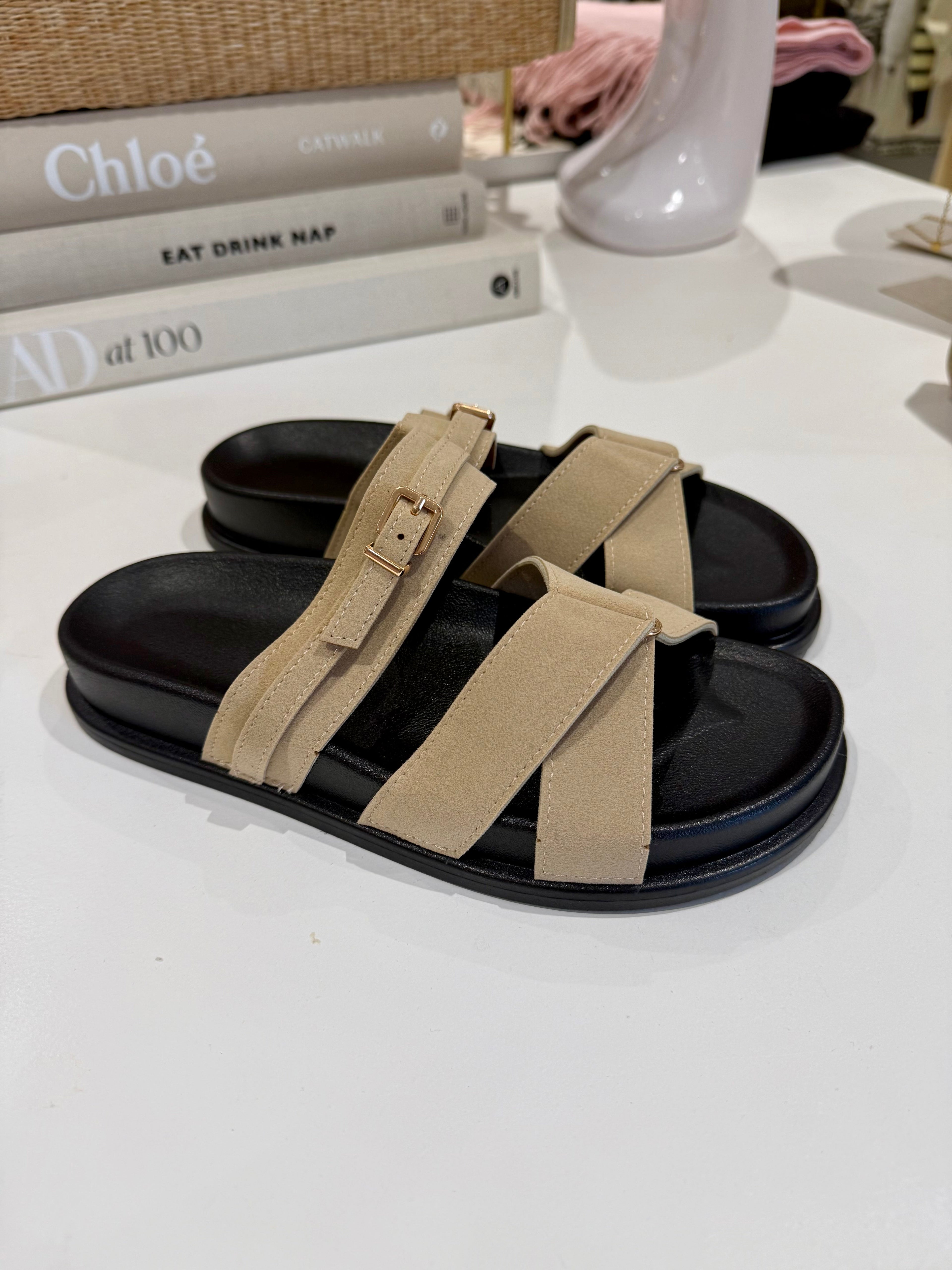 Faux Suede Gold Buckle Cross Over Sandal