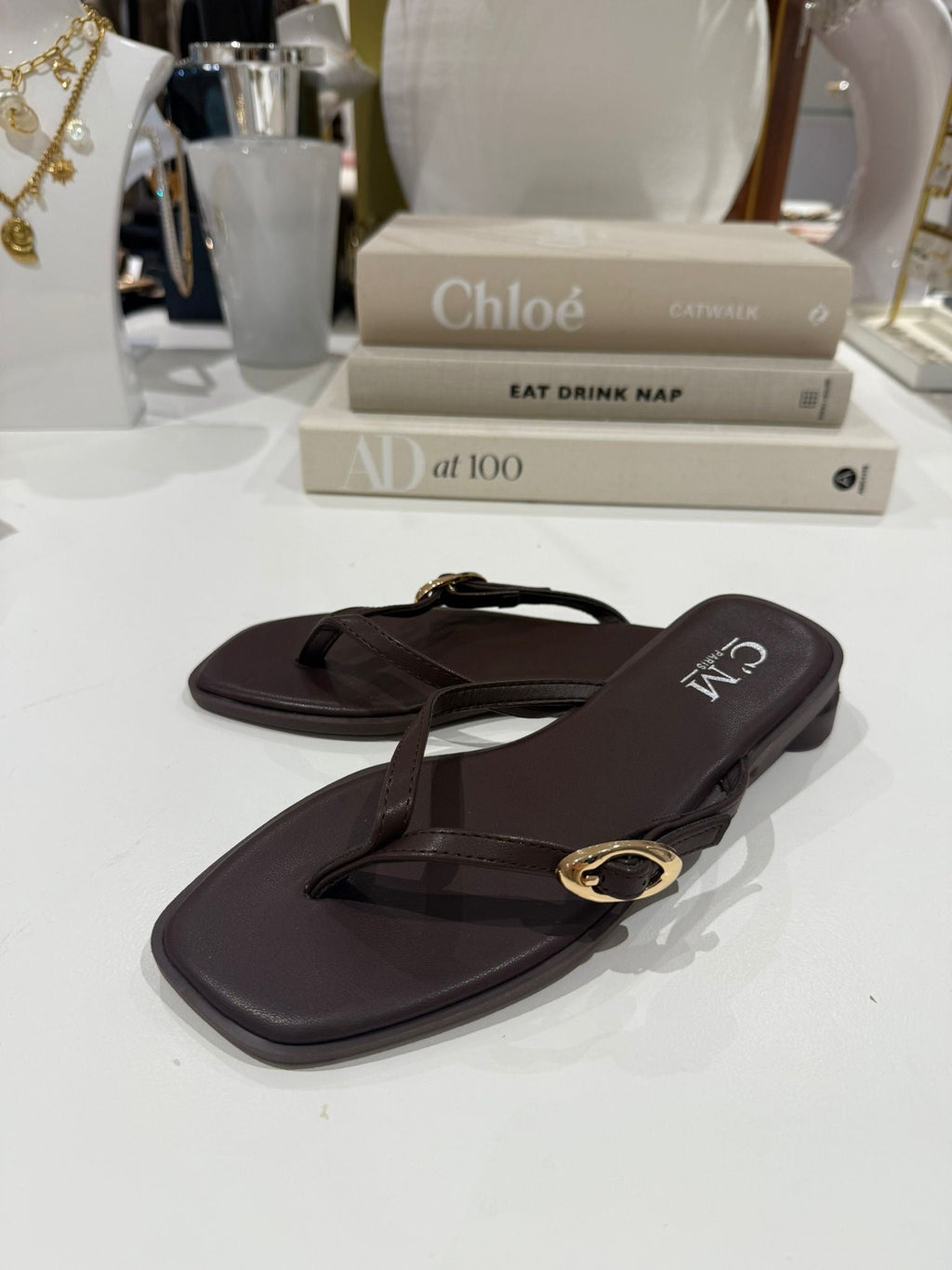 Toe Thong Flat Gold Buckle Sandals (2 Colours)