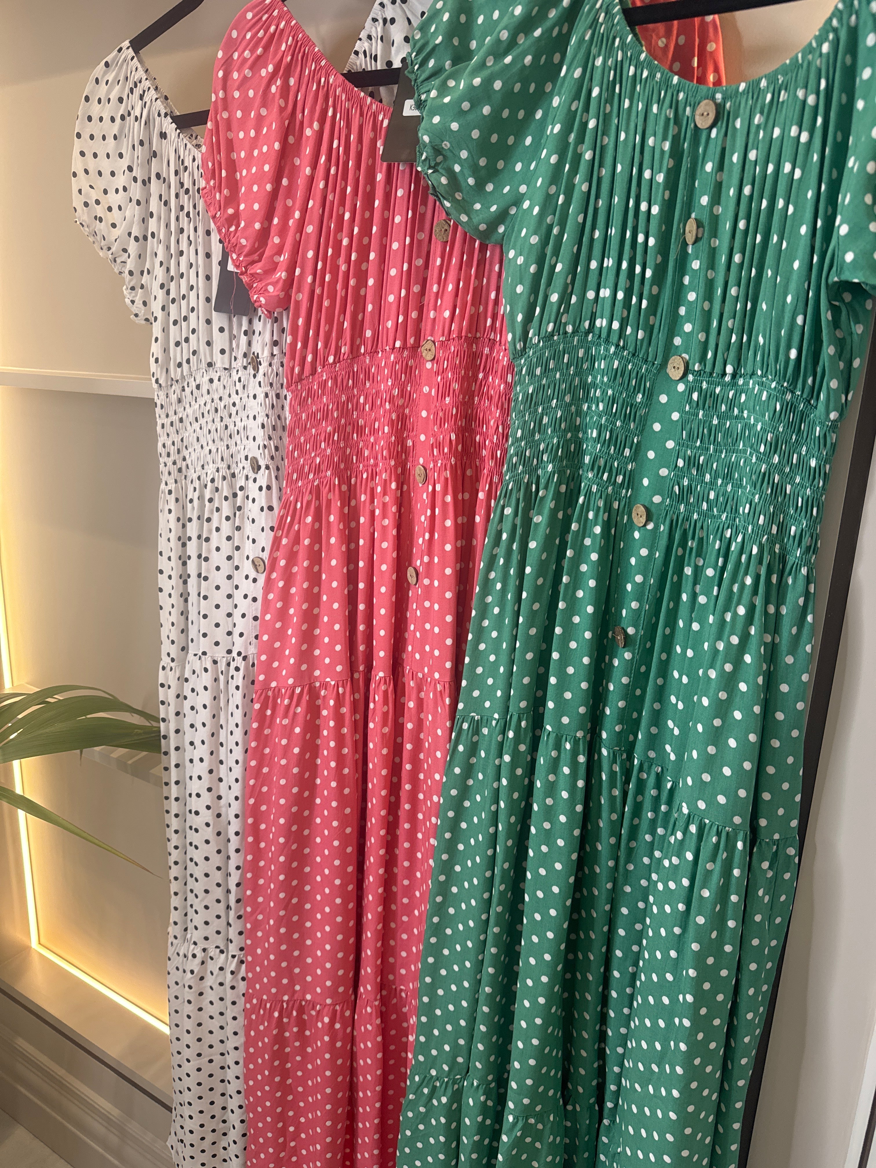 Jena Polka Dot Shirred Waist Maxi Dress