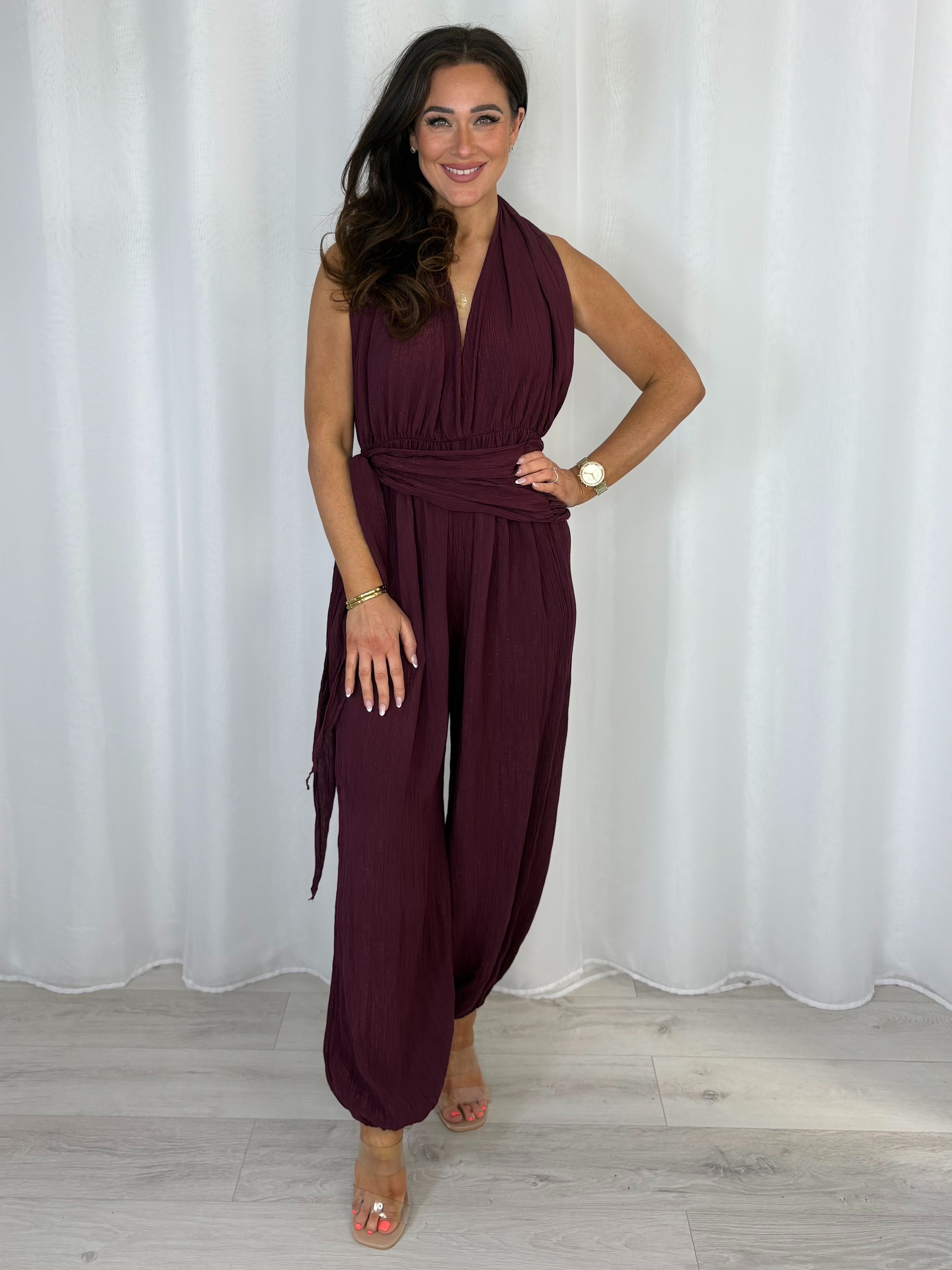 Crinkle Shimmer Halter Neck Drape Detail Backless Jumpsuit (7 Colours)