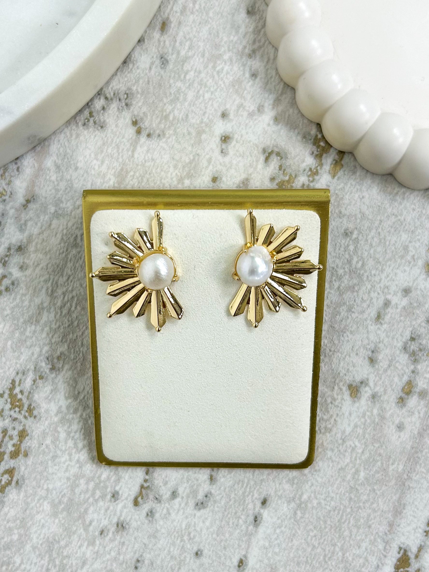Pearl Stone Gold Fan Earrings