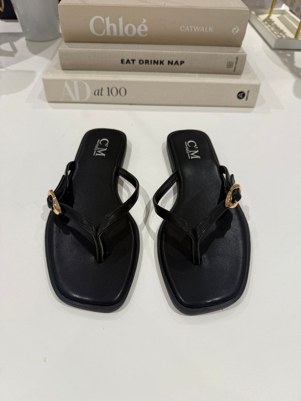 Toe Thong Flat Gold Buckle Sandals (2 Colours)