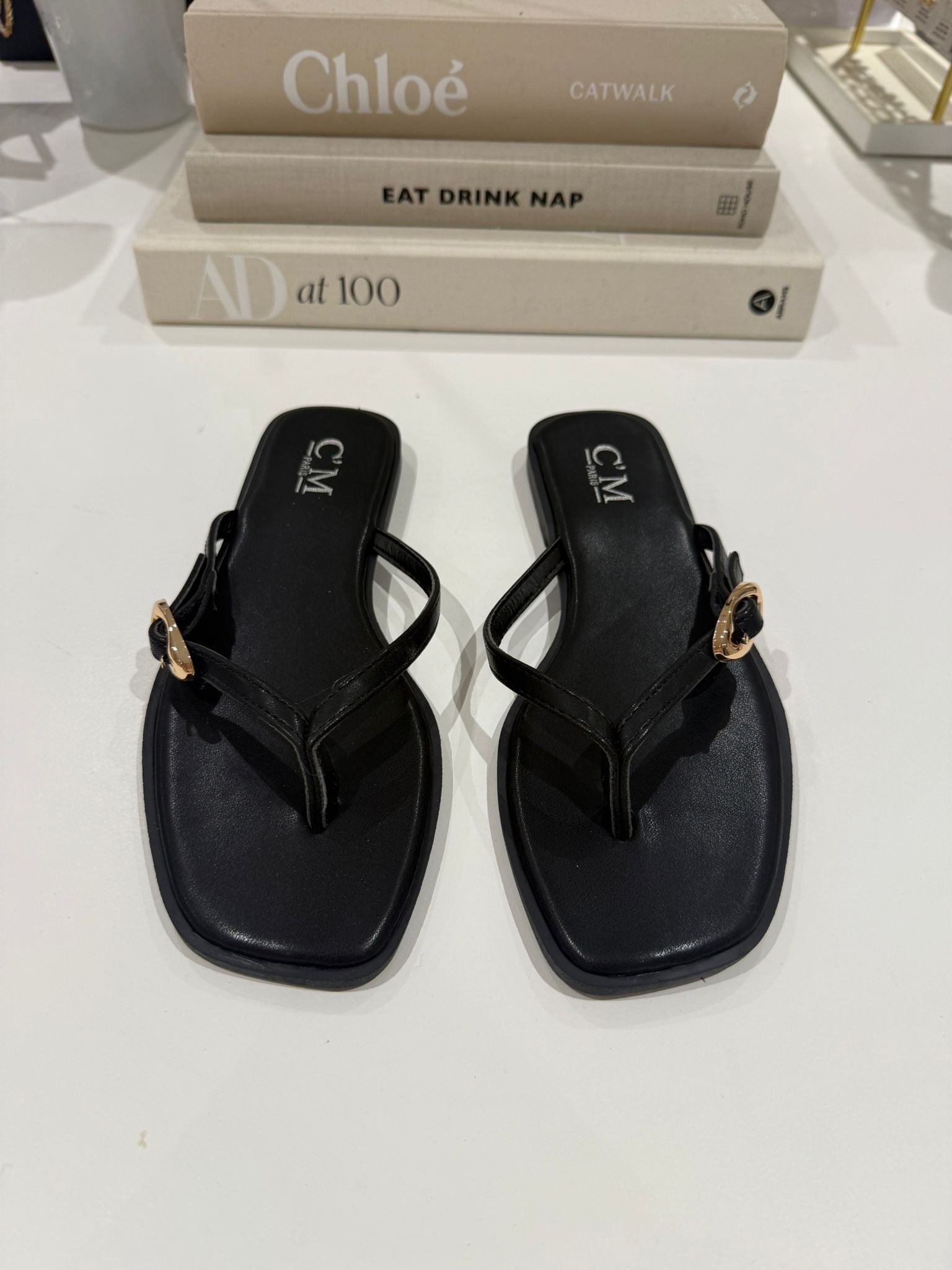 Toe Thong Flat Gold Buckle Sandals (2 Colours)