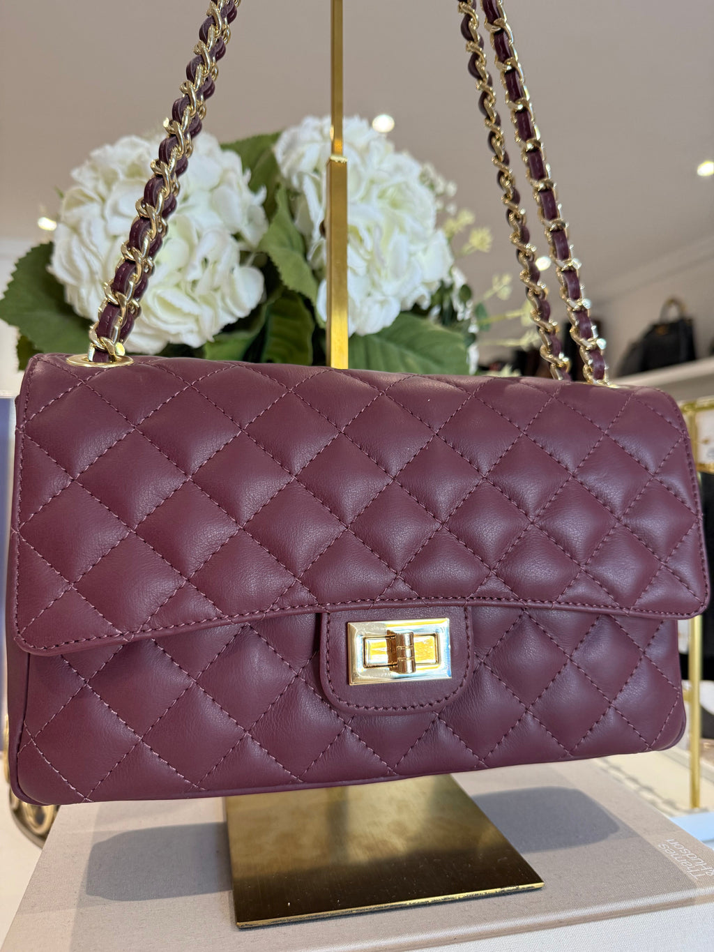 Large Genuine Leather Quilted Turn Lock Chain Handle Handbag (8 Colours)