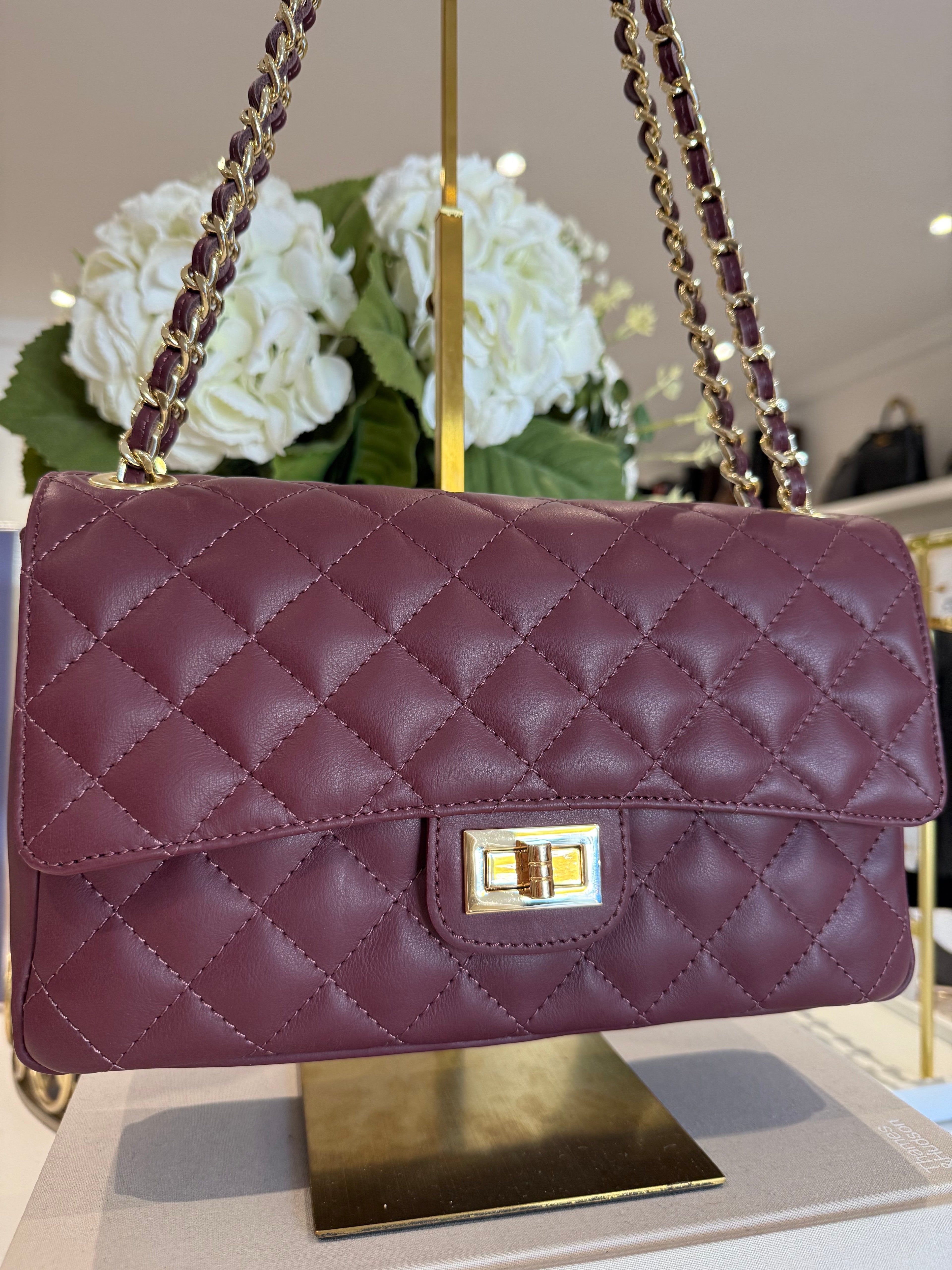 Large Genuine Leather Quilted Turn Lock Chain Handle Handbag (8 Colours)
