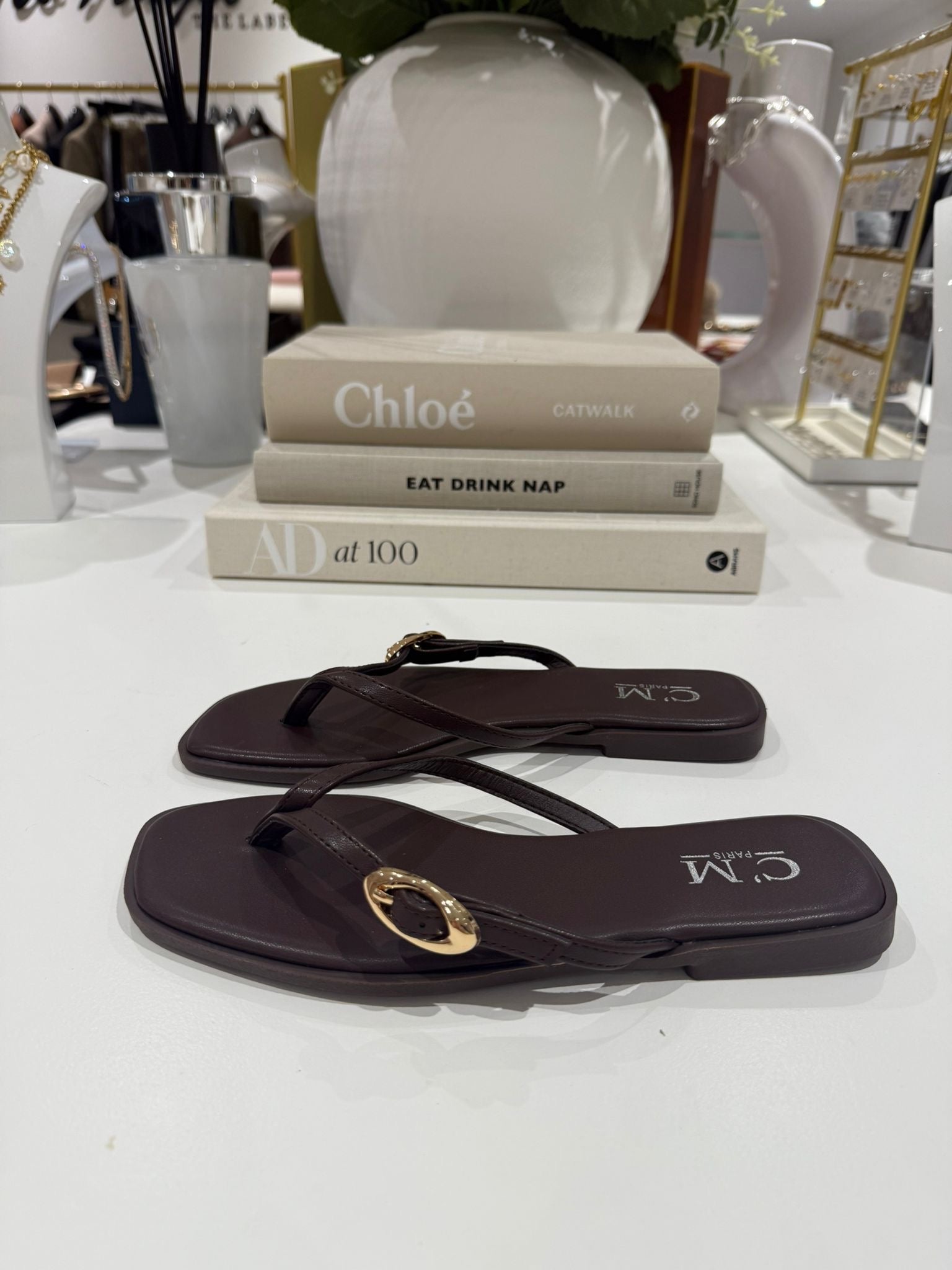 Toe Thong Flat Gold Buckle Sandals (2 Colours)