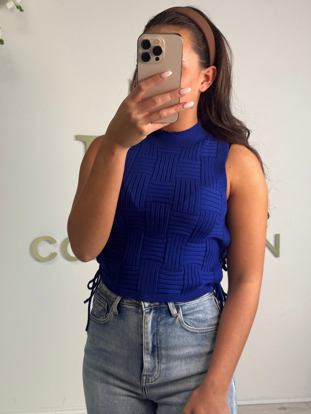 Royal Blue Woven Look Turtle Neck Tie Side Top