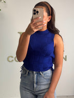 Royal Blue Woven Look Turtle Neck Tie Side Top