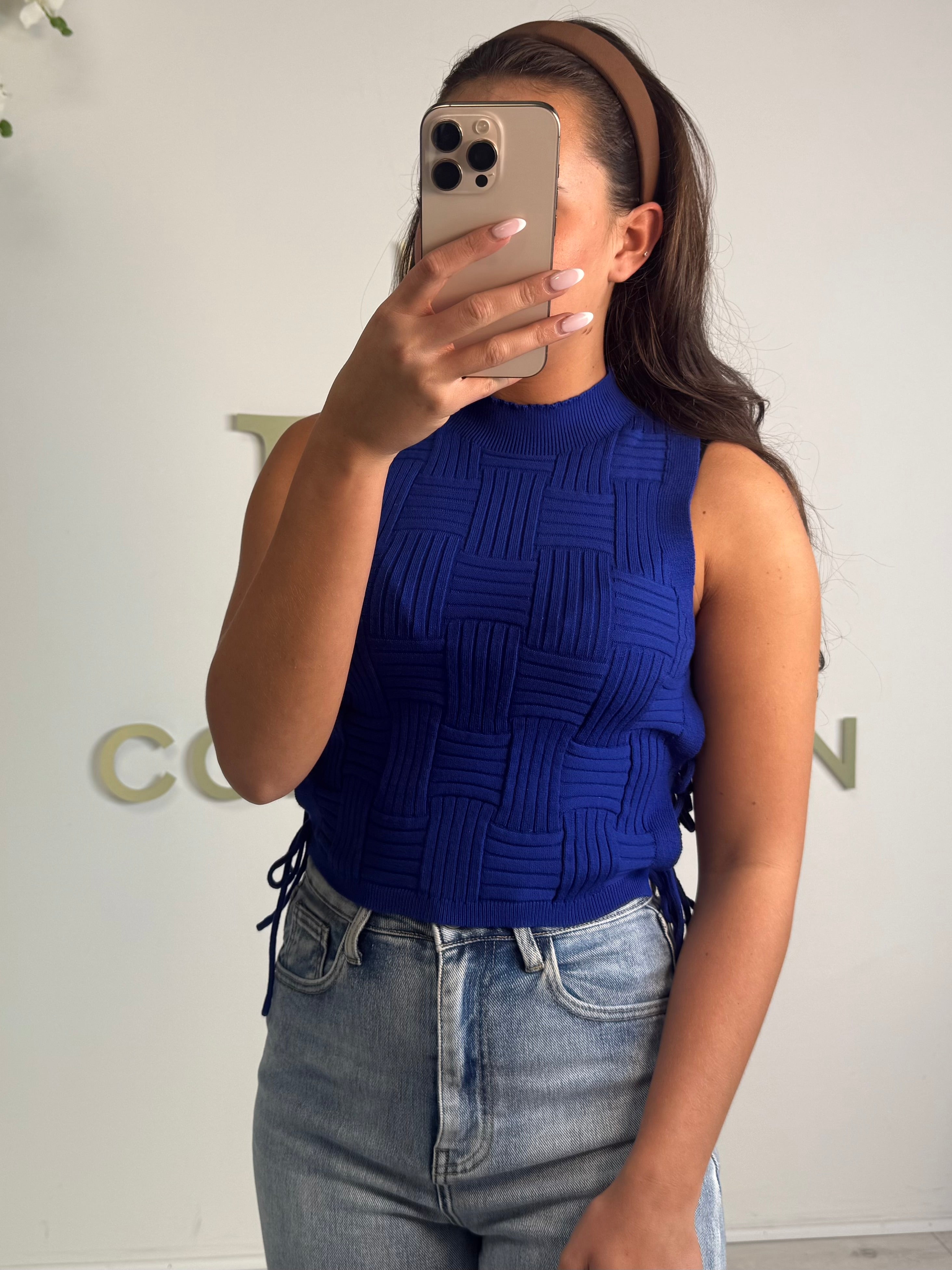 Royal Blue Woven Look Turtle Neck Tie Side Top