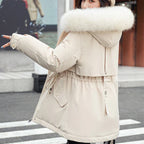Women's winter coat with loose hood and thick synthetic fleece