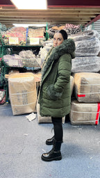 Klara Khaki Luxury Faux Fur Trim Hooded Coat