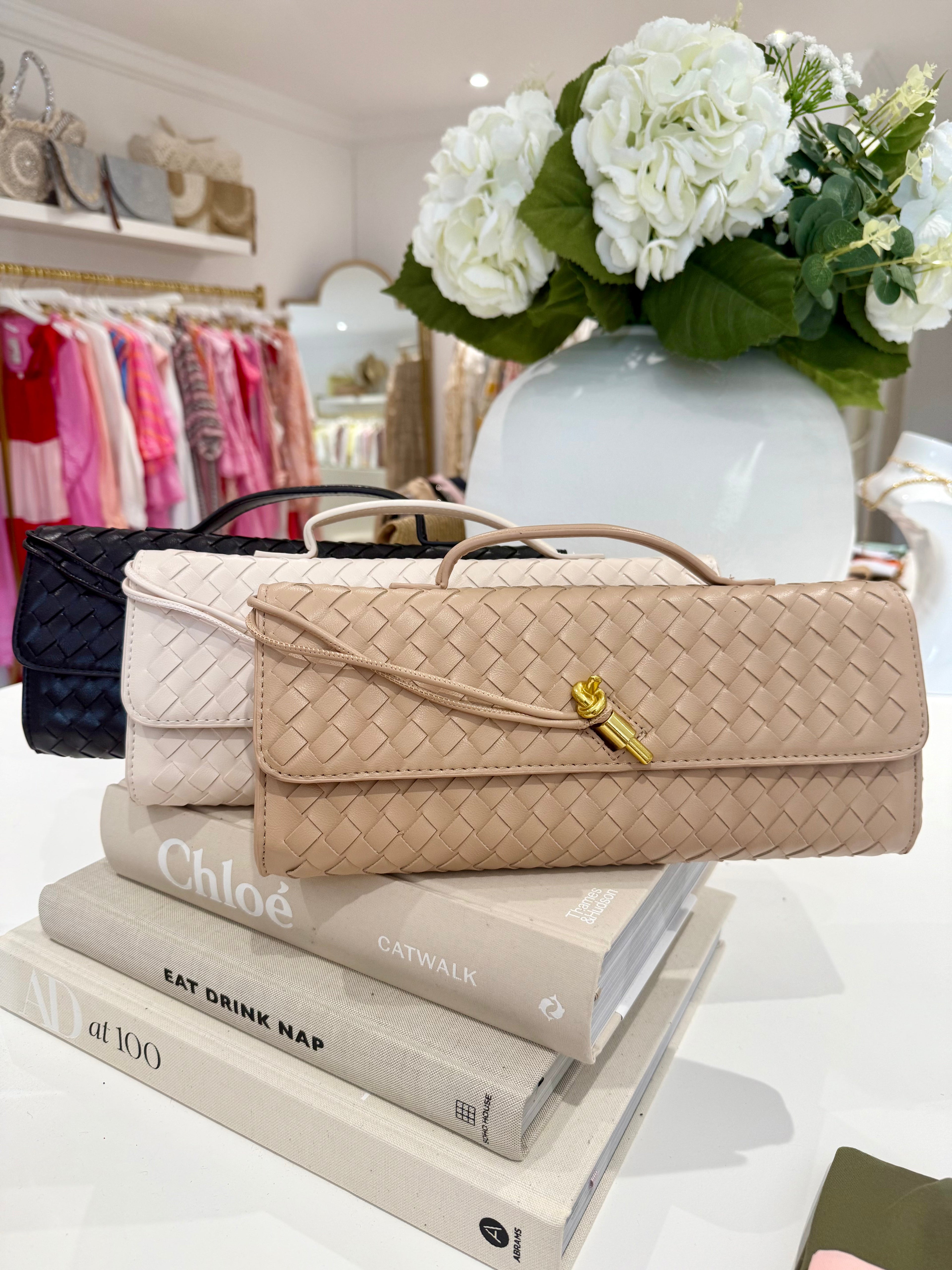 Woven Rectangle Envelope Gold Rod Fasten Clutch Bag (15 Colours)