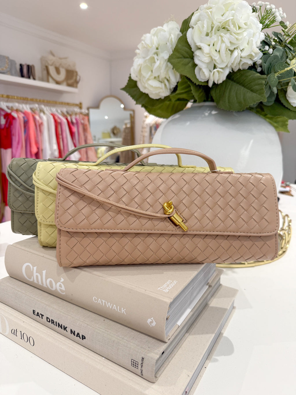 Woven Rectangle Envelope Gold Rod Fasten Clutch Bag (15 Colours)