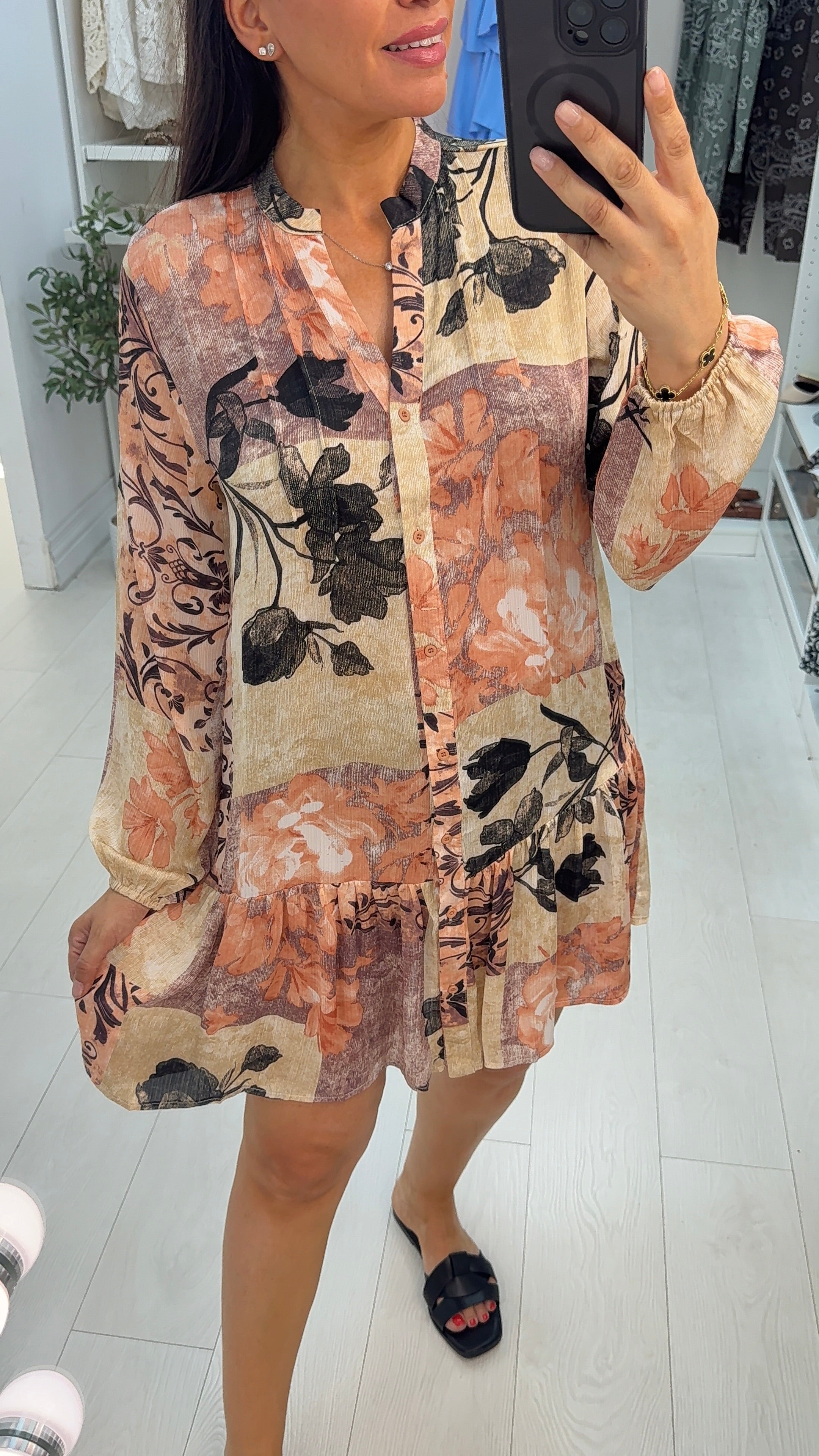 Sirena Floral Print Button Front Smock Dress