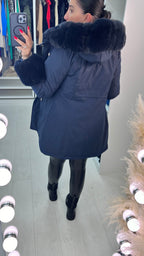 Jaya Navy Faux Fur Hooded Toggle Coat