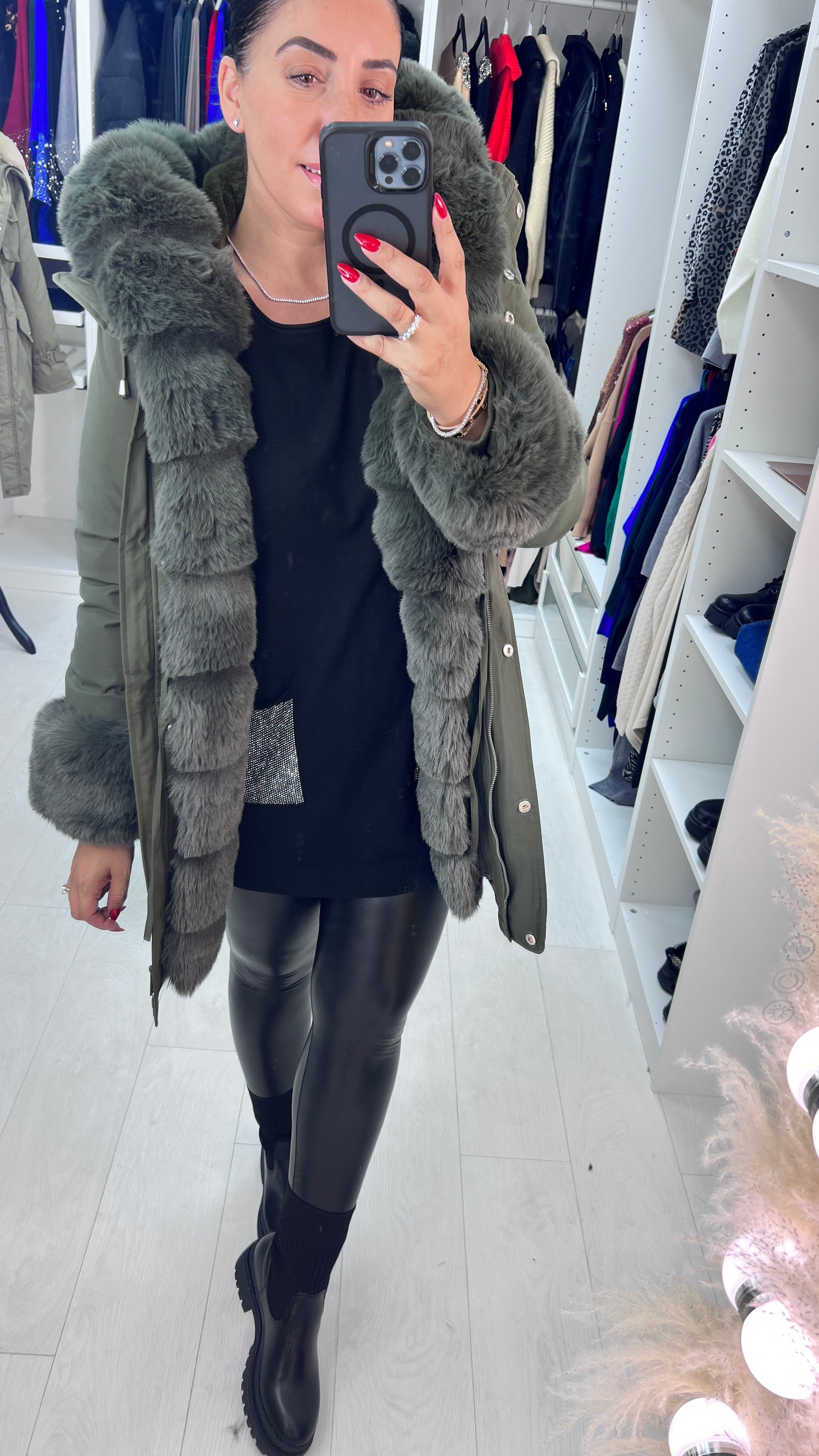 Jaya Khaki Faux Fur Hooded Toggle Coat