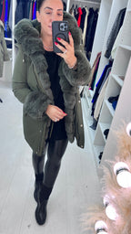 Jaya Khaki Faux Fur Hooded Toggle Coat