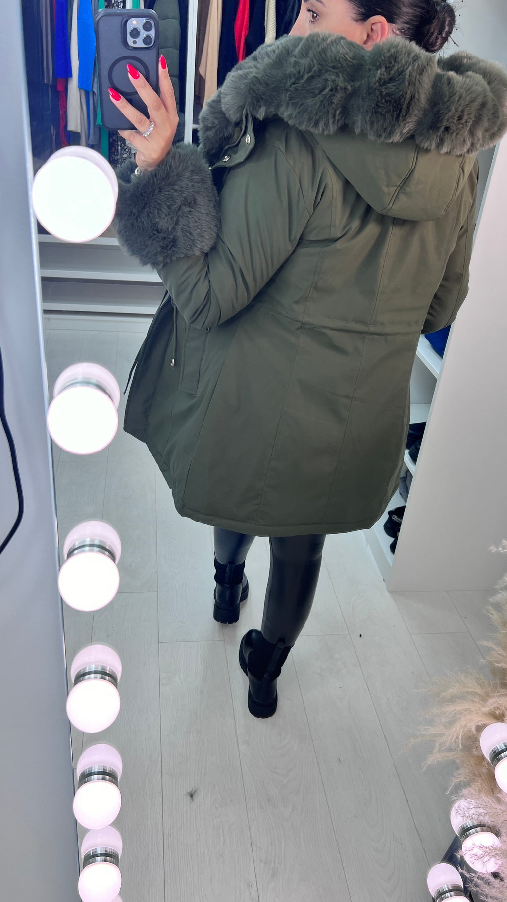 Jaya Khaki Faux Fur Hooded Toggle Coat