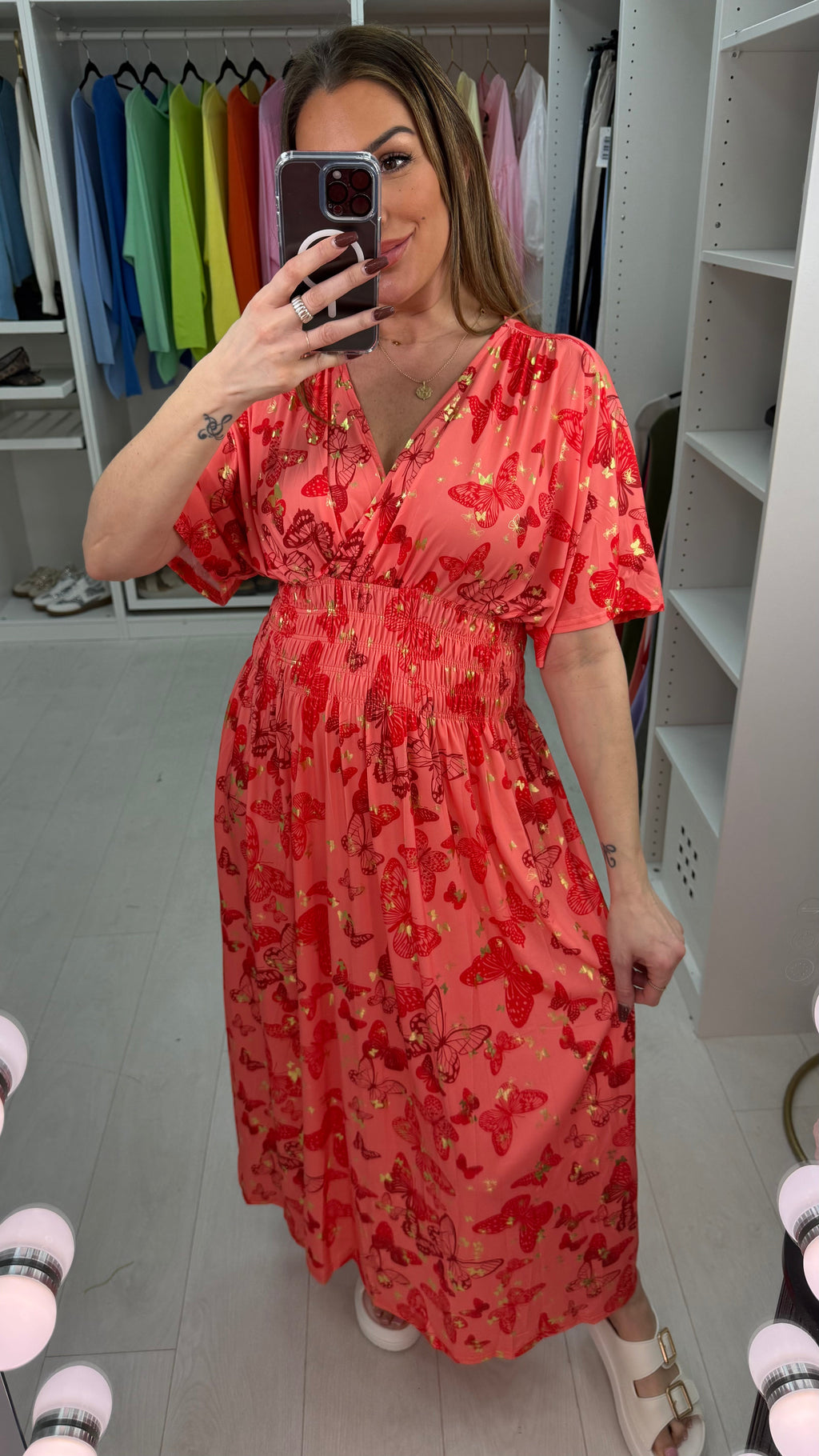 Nancie Butterly Print Shirred Waist Magic Maxi Dress
