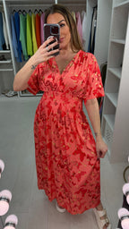 Nancie Butterly Print Shirred Waist Magic Maxi Dress