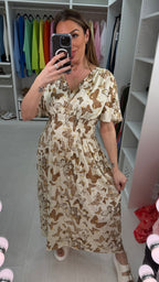 Nancie Butterly Print Shirred Waist Magic Maxi Dress