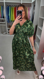 Nancie Butterly Print Shirred Waist Magic Maxi Dress