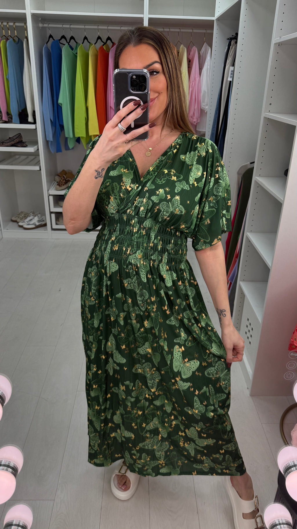 Nancie Butterly Print Shirred Waist Magic Maxi Dress