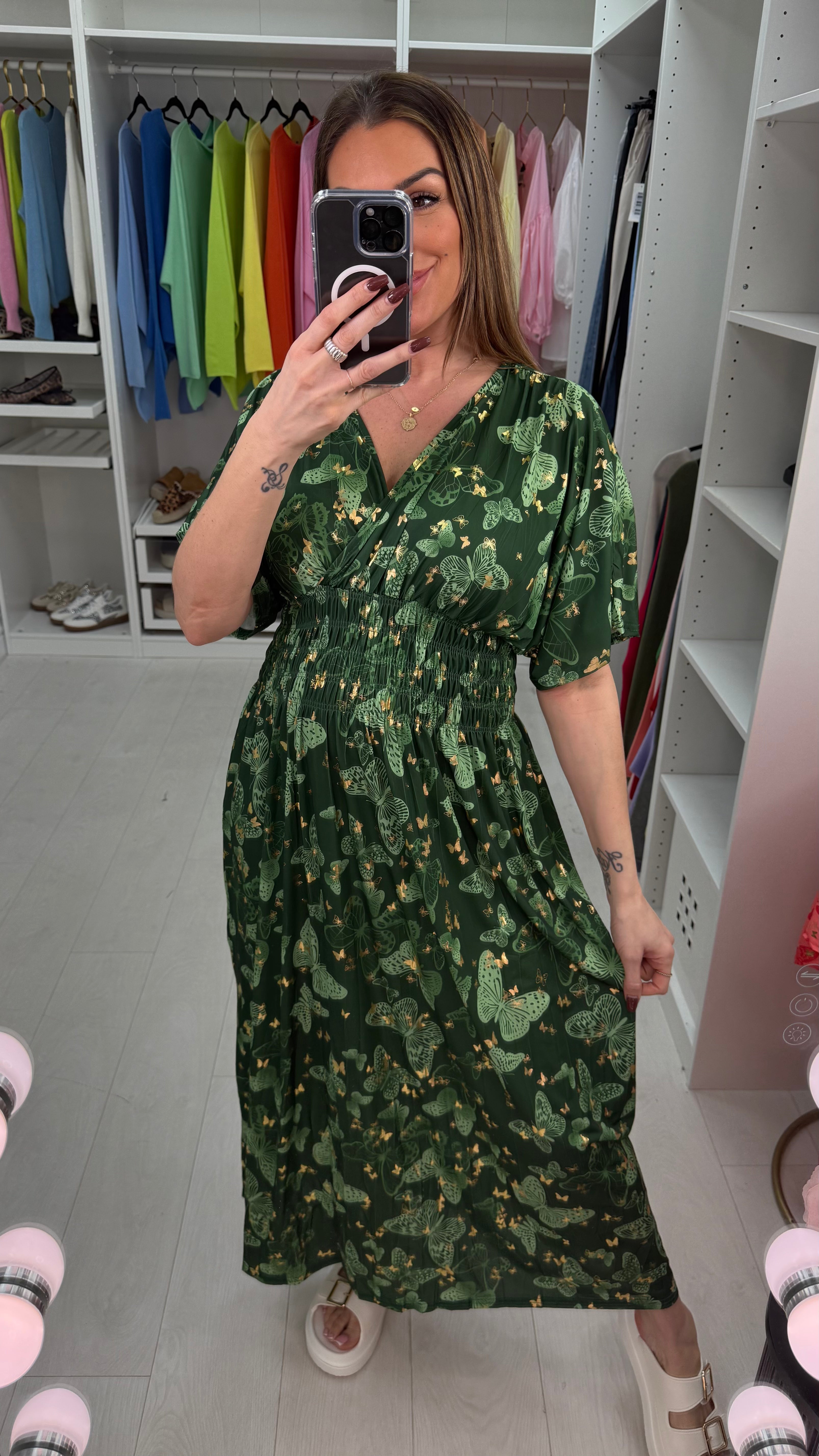 Nancie Butterly Print Shirred Waist Magic Maxi Dress