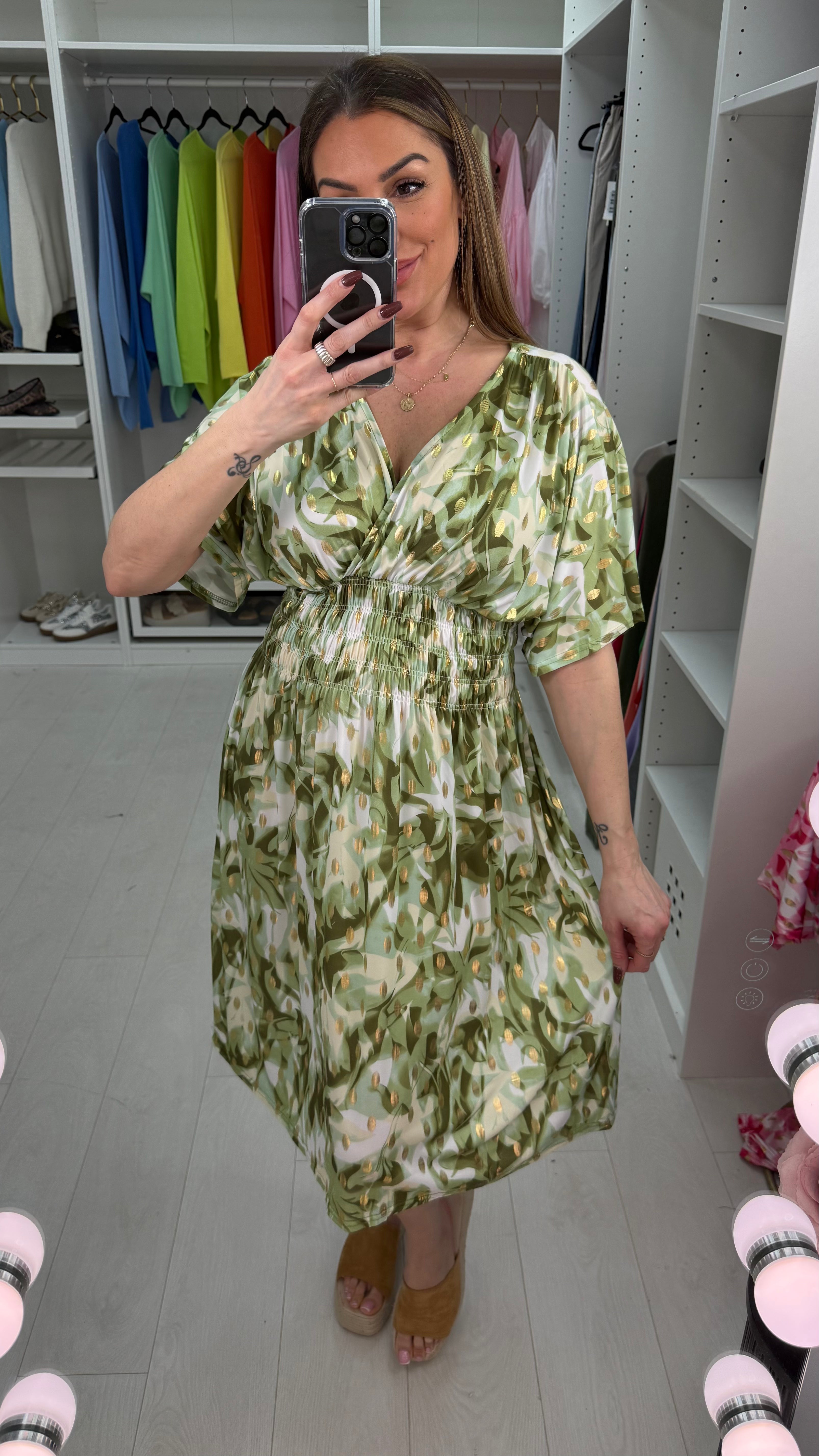 Harlow Abstract Print Shirred Waist Magic Midi Dress