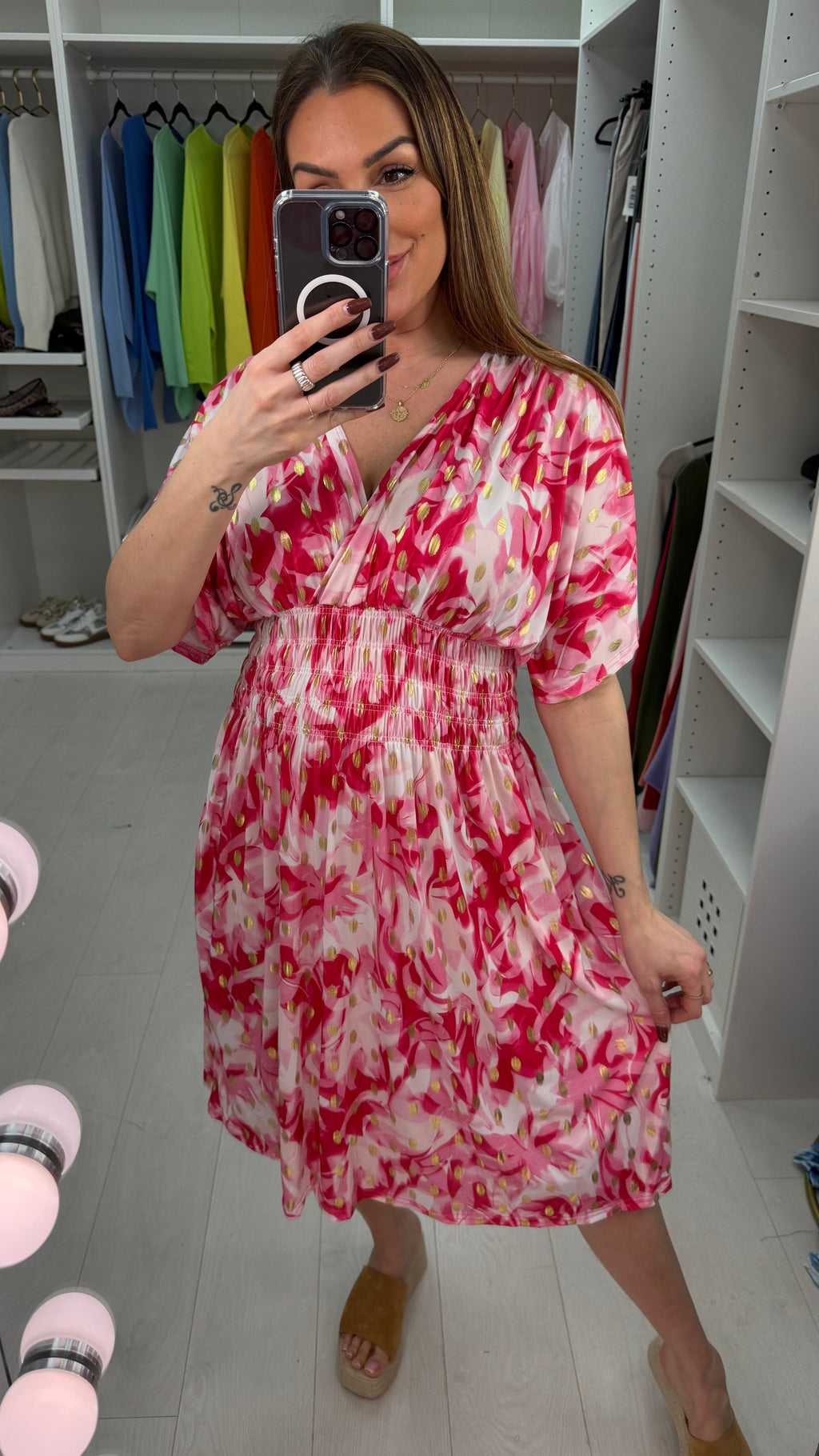 Harlow Abstract Print Shirred Waist Magic Midi Dress
