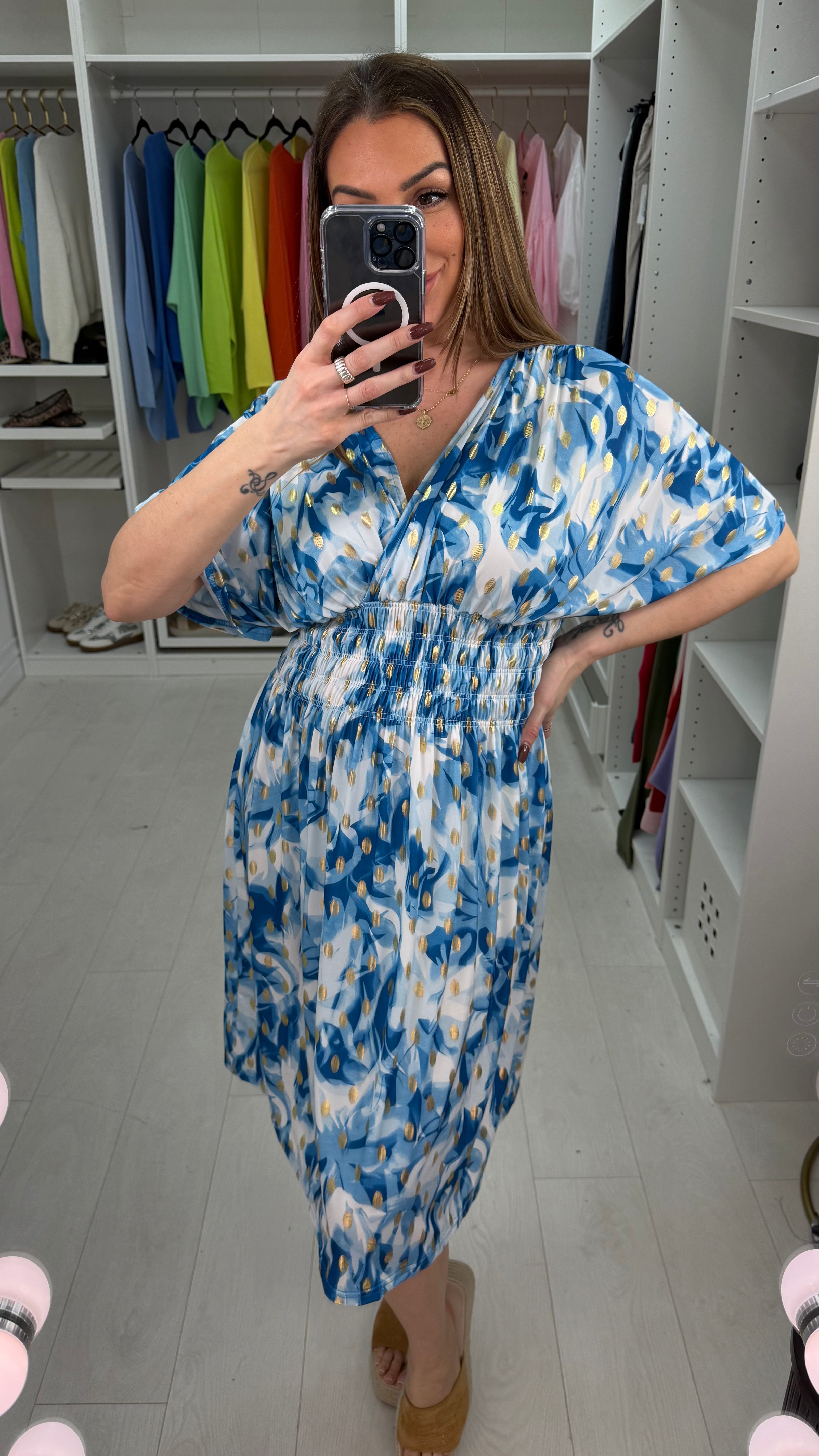 Harlow Abstract Print Shirred Waist Magic Midi Dress