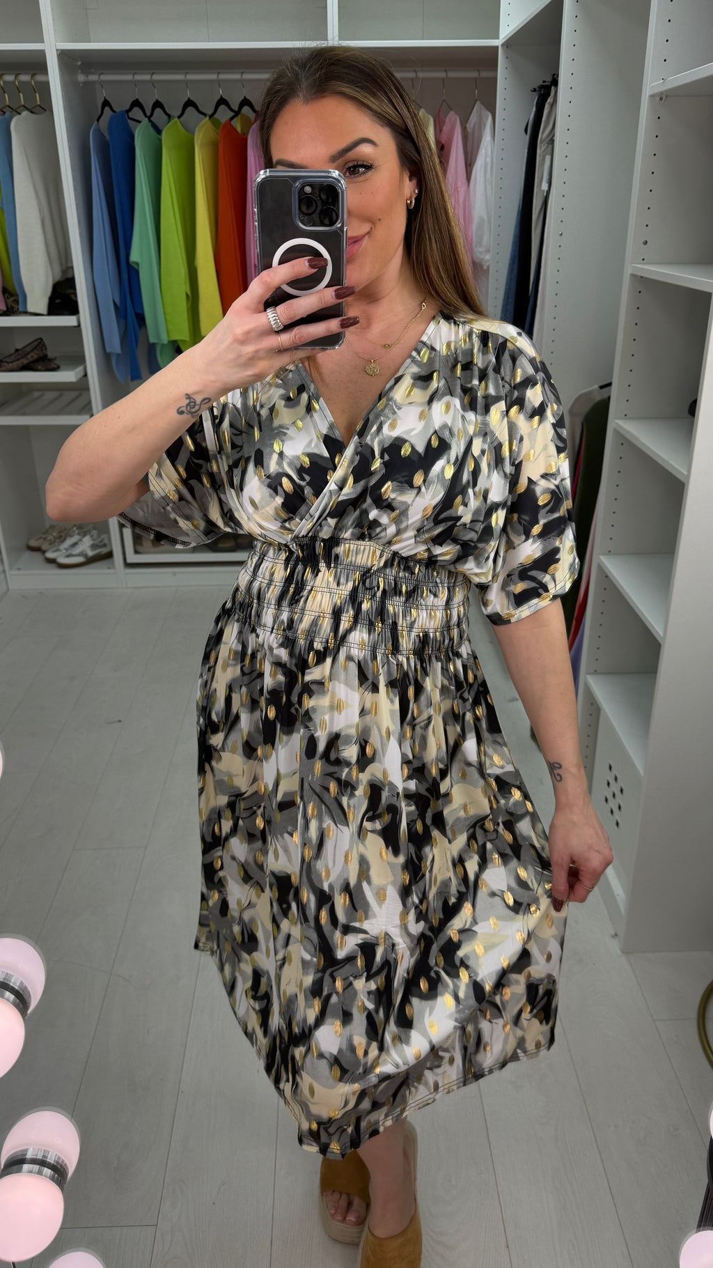 Harlow Abstract Print Shirred Waist Magic Midi Dress