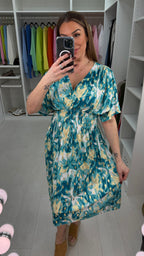Harlow Abstract Print Shirred Waist Magic Midi Dress