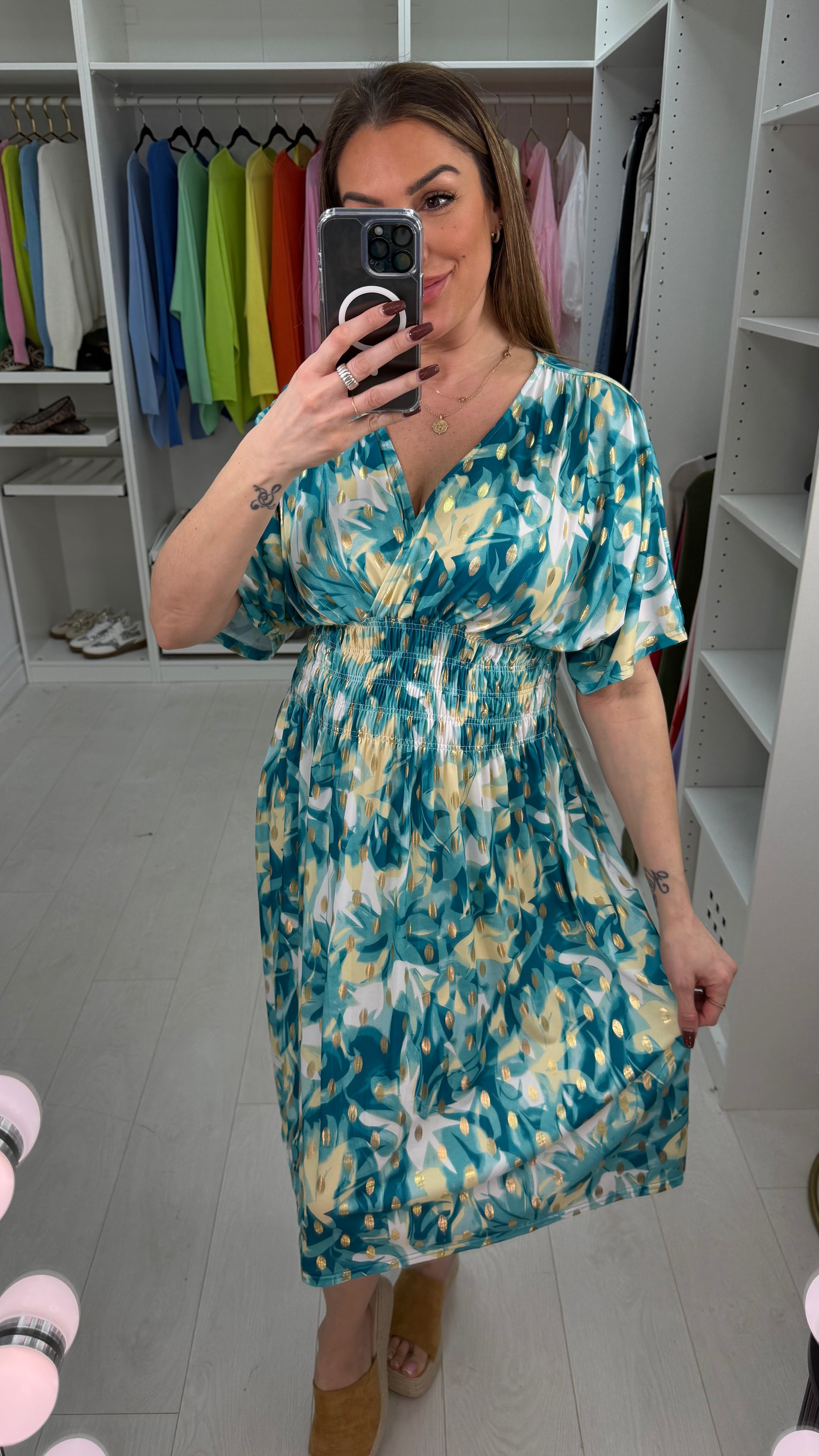 Harlow Abstract Print Shirred Waist Magic Midi Dress