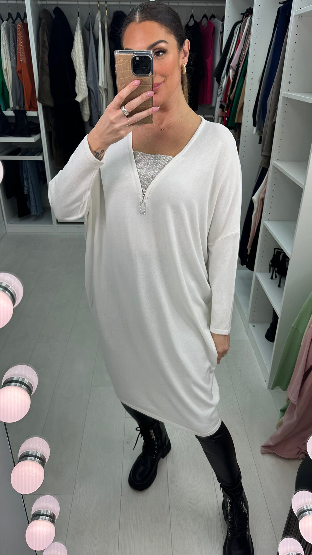 Rosina Diamante Zip Detailed Loose Fit Knitted Jumper Dress