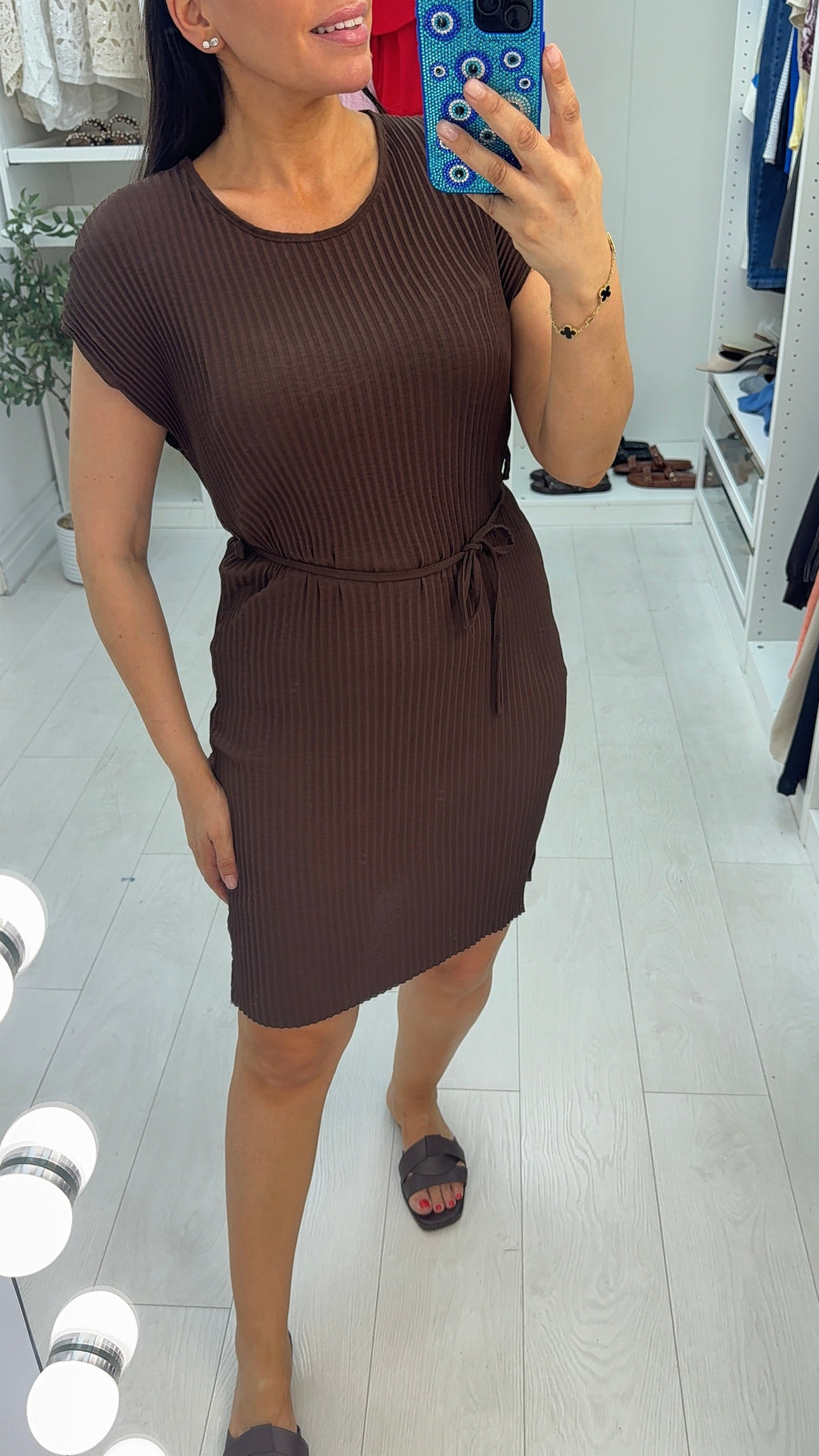 Diora Plain Pleated Belted Midi Dress