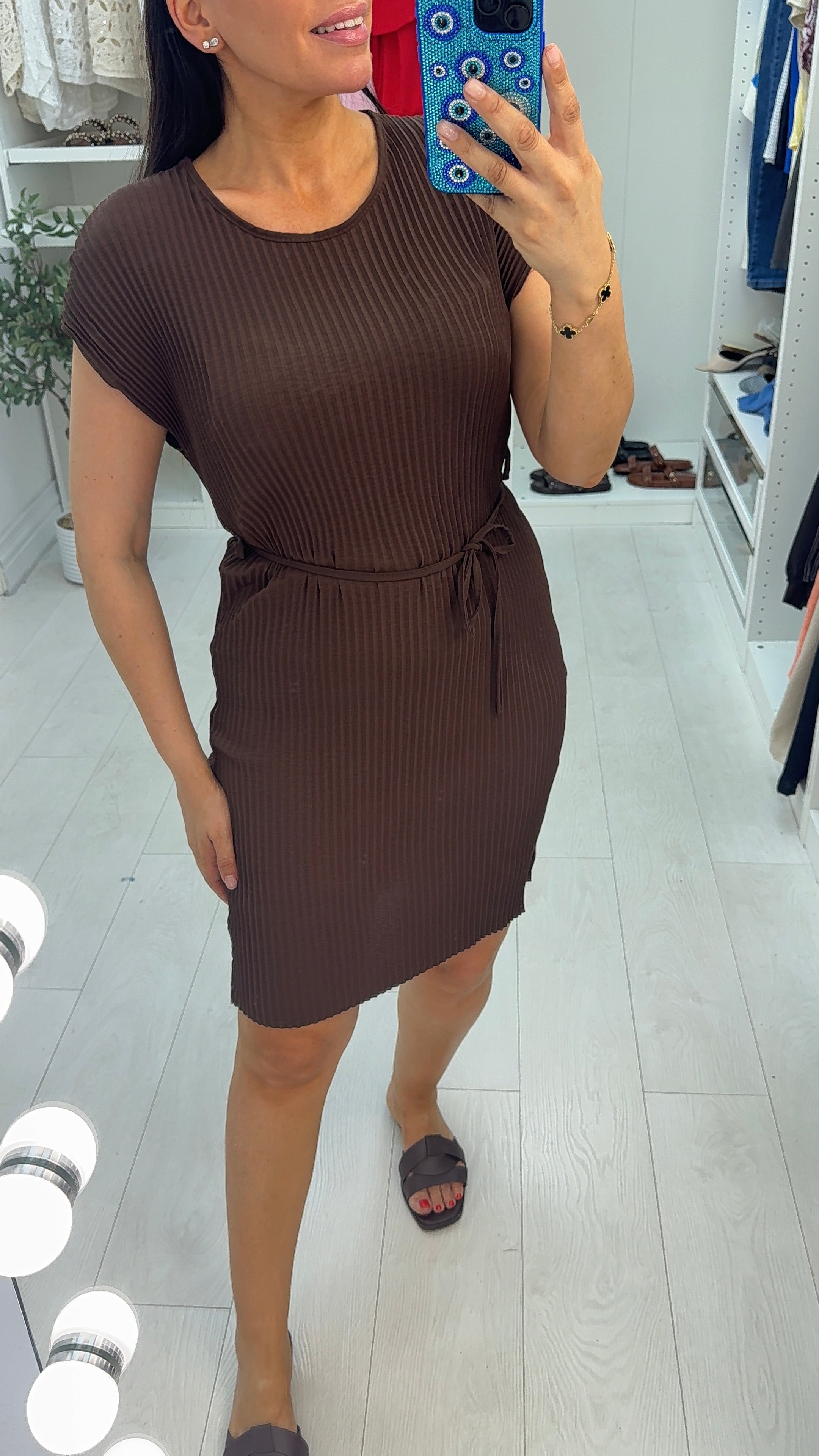 Diora Plain Pleated Belted Midi Dress