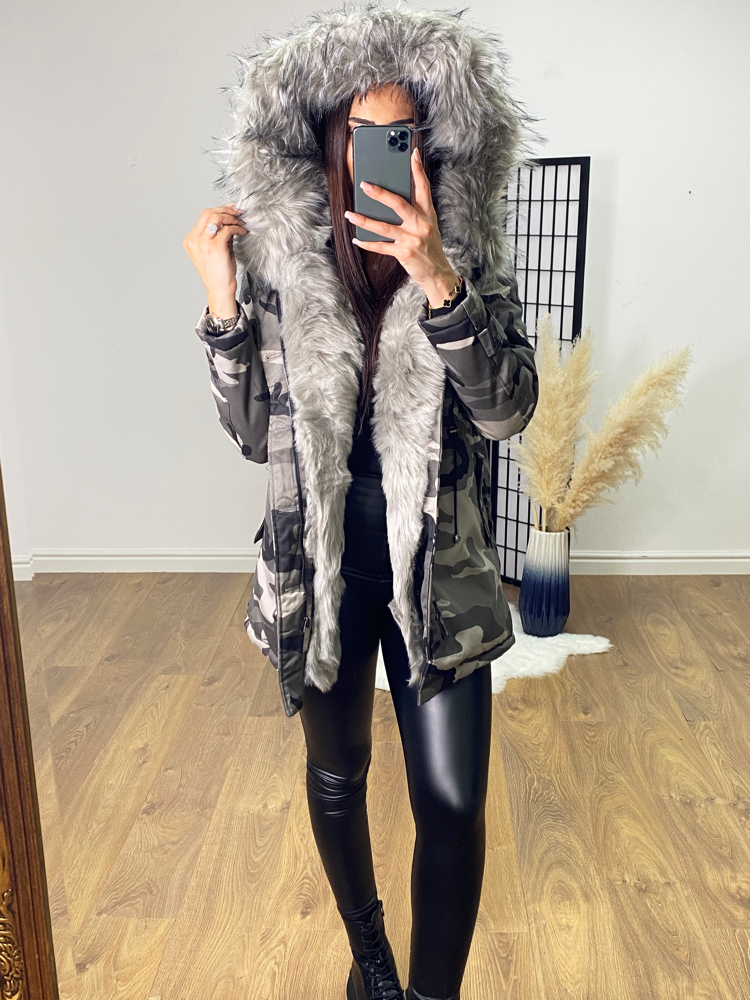 Caprice Grey Camouflage Hooded Coat