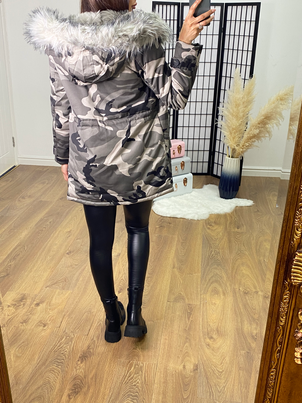 Caprice Grey Camouflage Hooded Coat