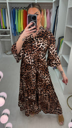 Helen Tan Leopard Print Button Front Smock Dress