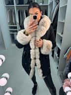 Amaya Black Beige Faux Fur Hooded Toggle Coat