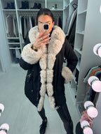 Amaya Black Beige Faux Fur Hooded Toggle Coat