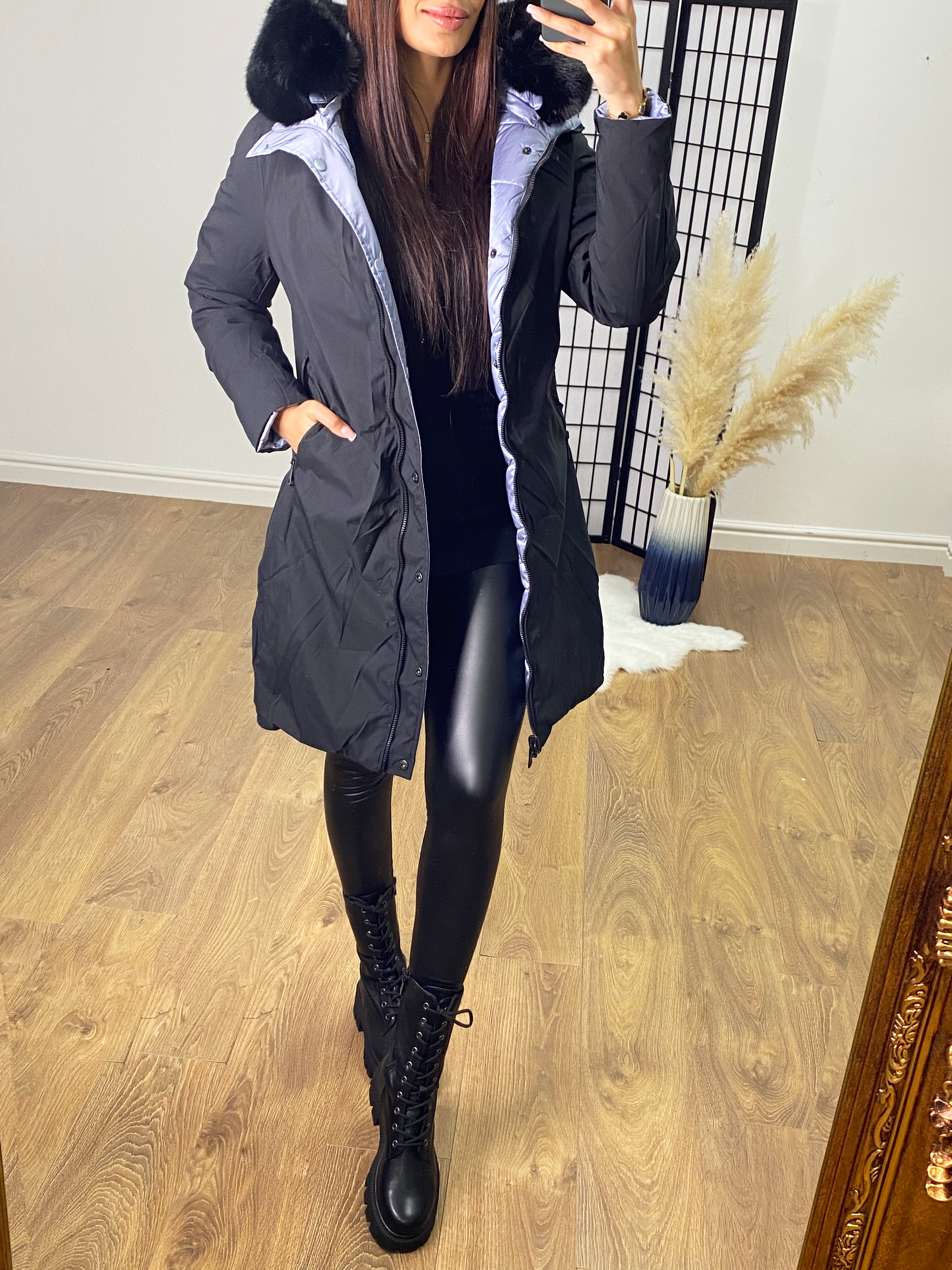 Twilight Reversible Metallic Blue/Black Hooded Coat