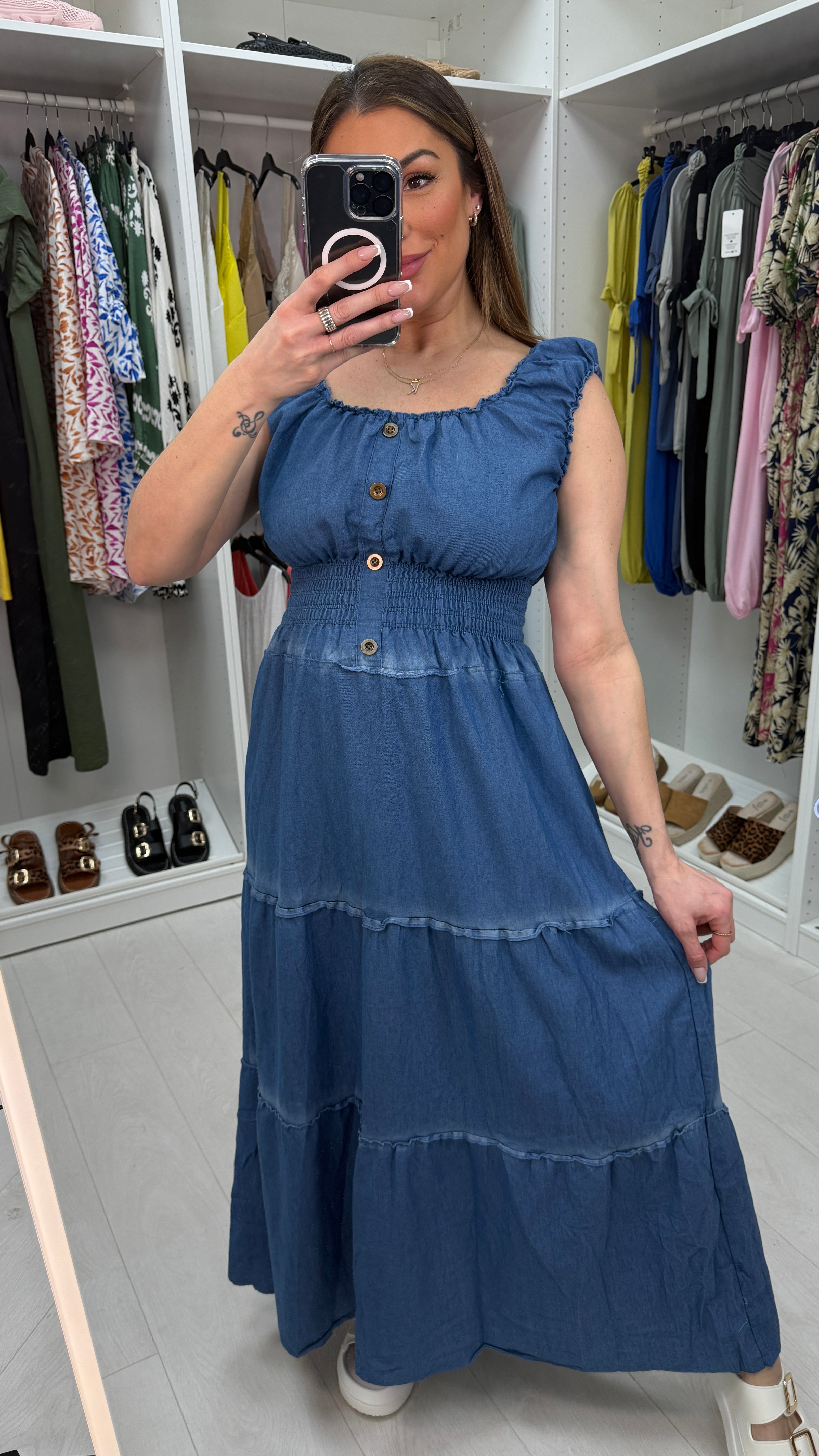 Jessy Denim Elasticated Smock Maxi Dress