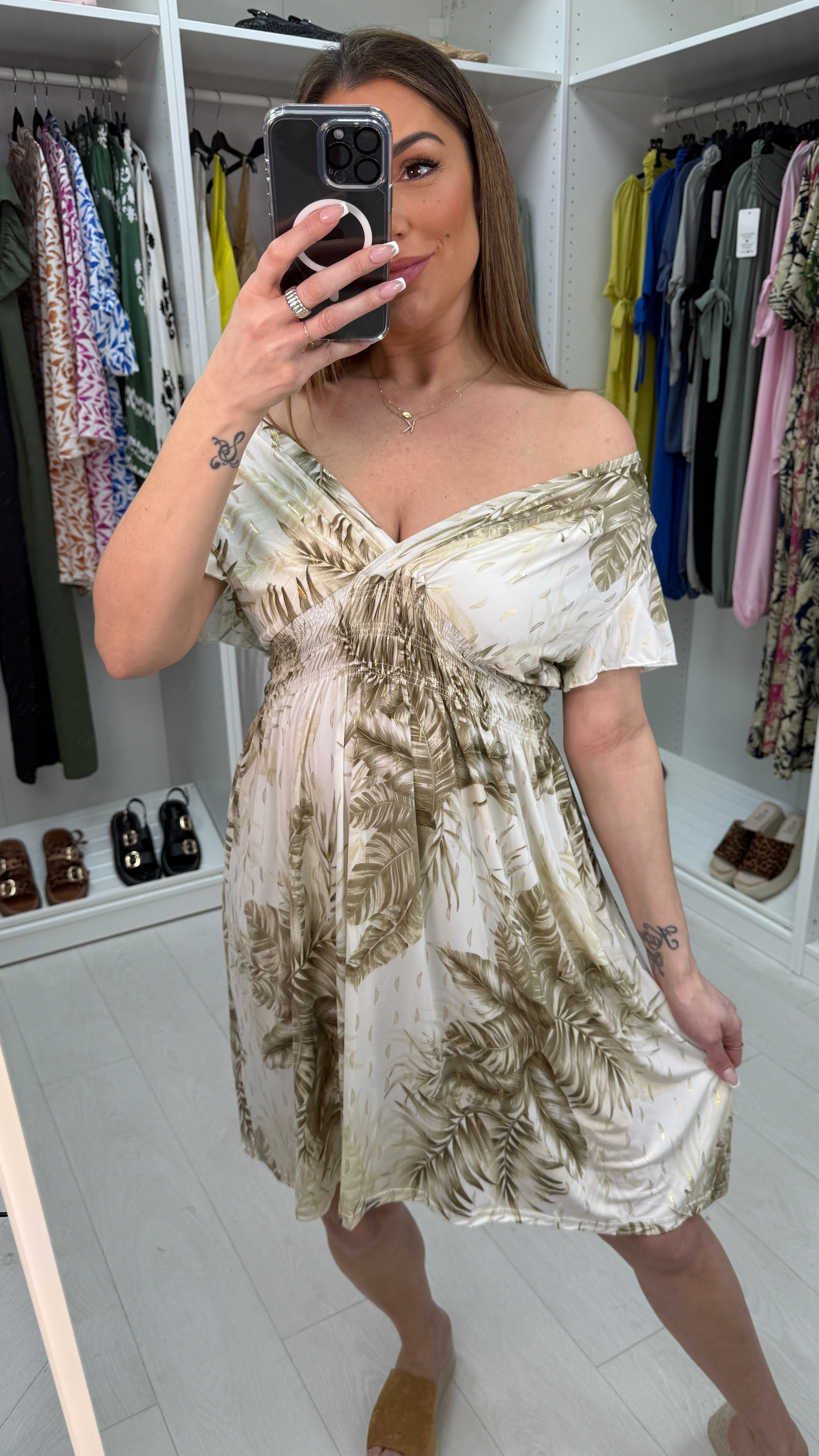 Jules Leaf Print Shirred Waist Magic Midi Dress