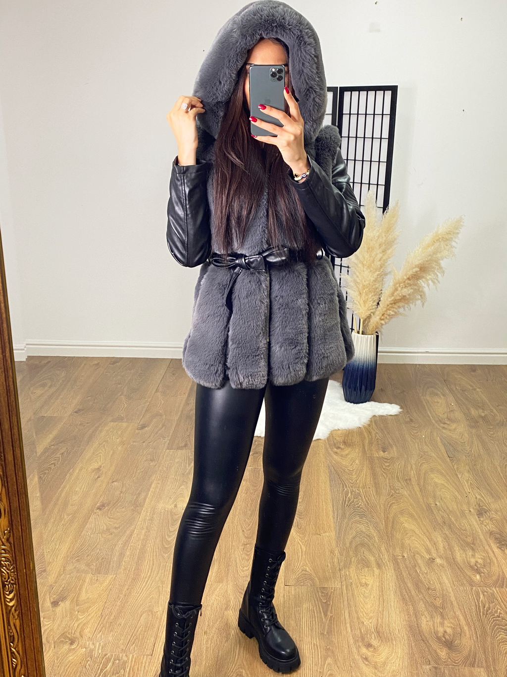Lawton Grey Faux Fur Panel Biker Jacket