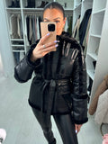 Rino Puffer-Faux Leather Black Belted Jacket