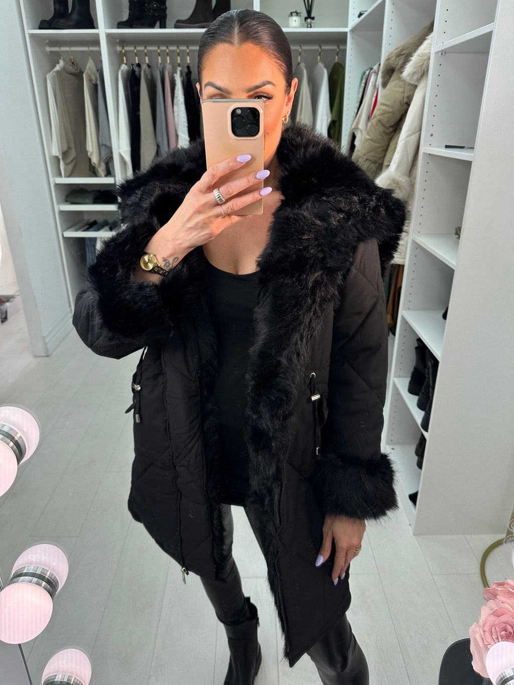 Eduardo Faux Fur Hood/Collar Coat